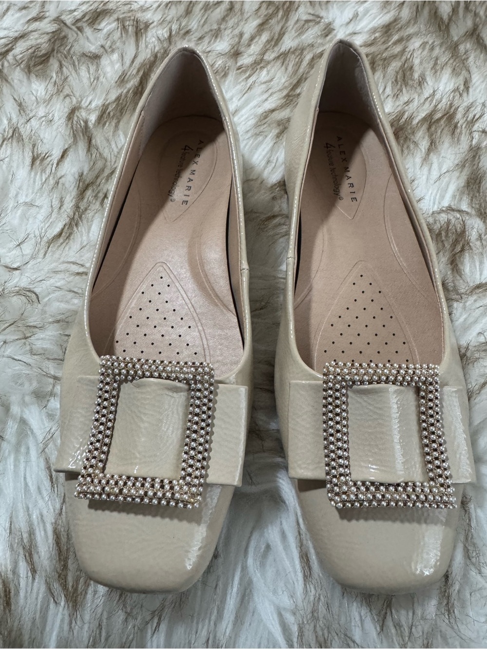 Alex Marie Cream Patent Square-Toe Flats with Crystal Buckles 8.5 M